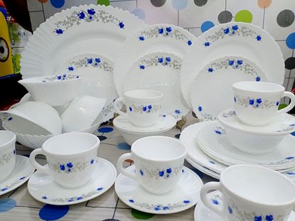 Picture of 32 Pcs Pyrex Romantic Opal Glassware White Oven Save Dinner Set. White Blue Printed